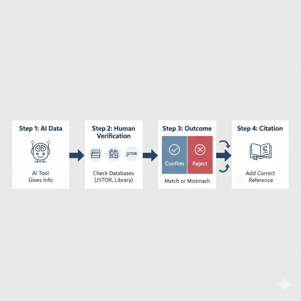 Step-by-step infographic showing a student verifying AI-generated facts through academic databases like JSTOR and the British Library before citation.