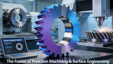 A conceptual 3D rendering showing a high-precision gear half-metal and half-coated with nano-technology, with a CNC machine in the background, representing the integrated manufacturing approach for durable gears.