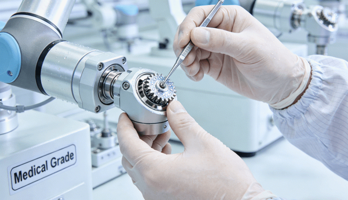 A technician in a clean room installing a small, coated stainless steel gear into the joint module of a surgical robot arm, highlighting the critical demands of medical device manufacturing.